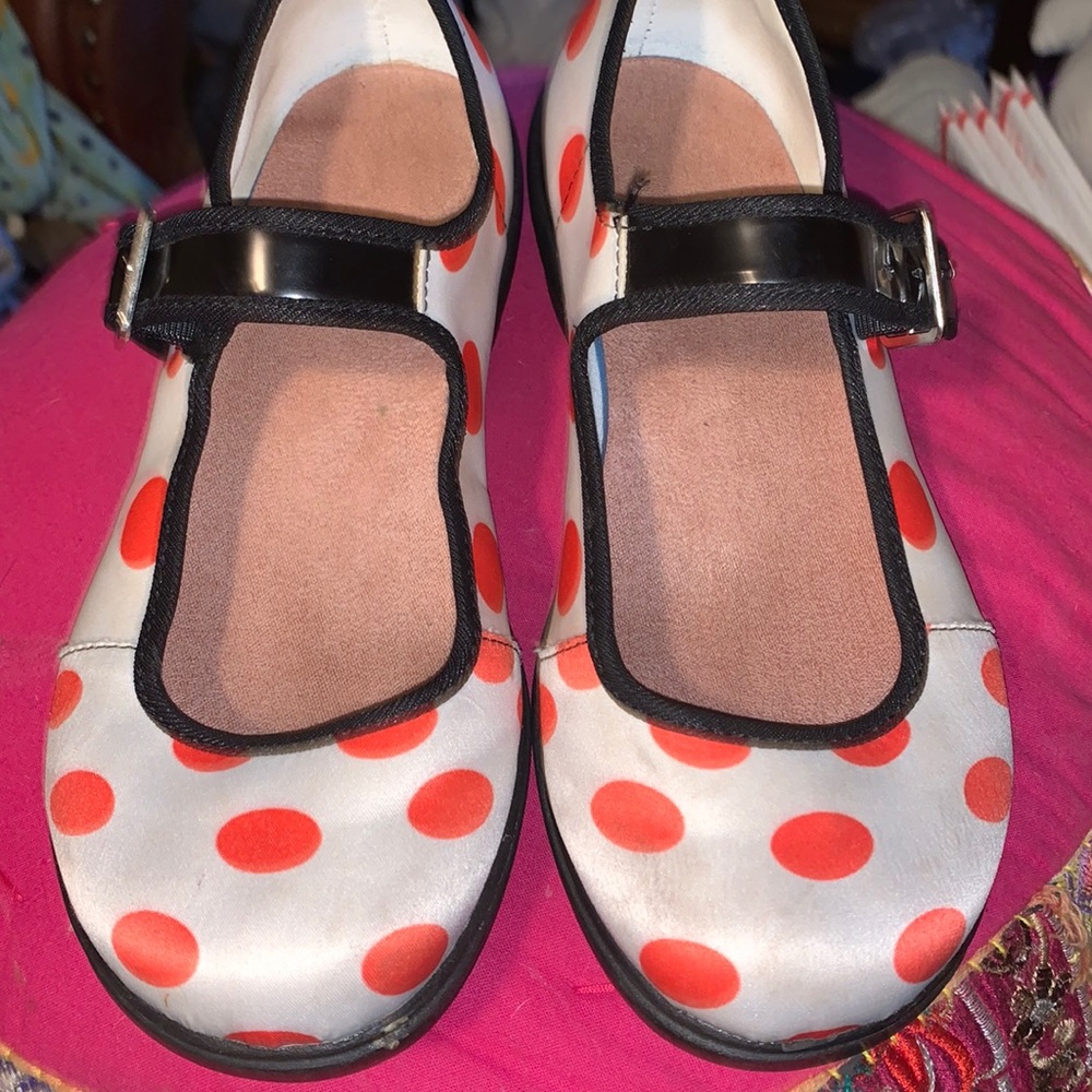 White Mary Jane Style Shoes with Orange Polka Dots